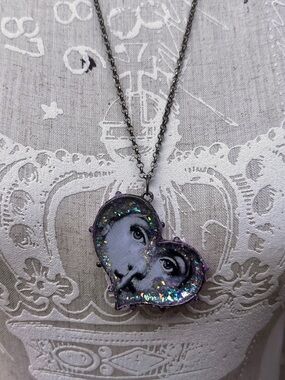 Handmade Mixed Media Heart Face Pendant Necklace in Purple and Silver Glitter